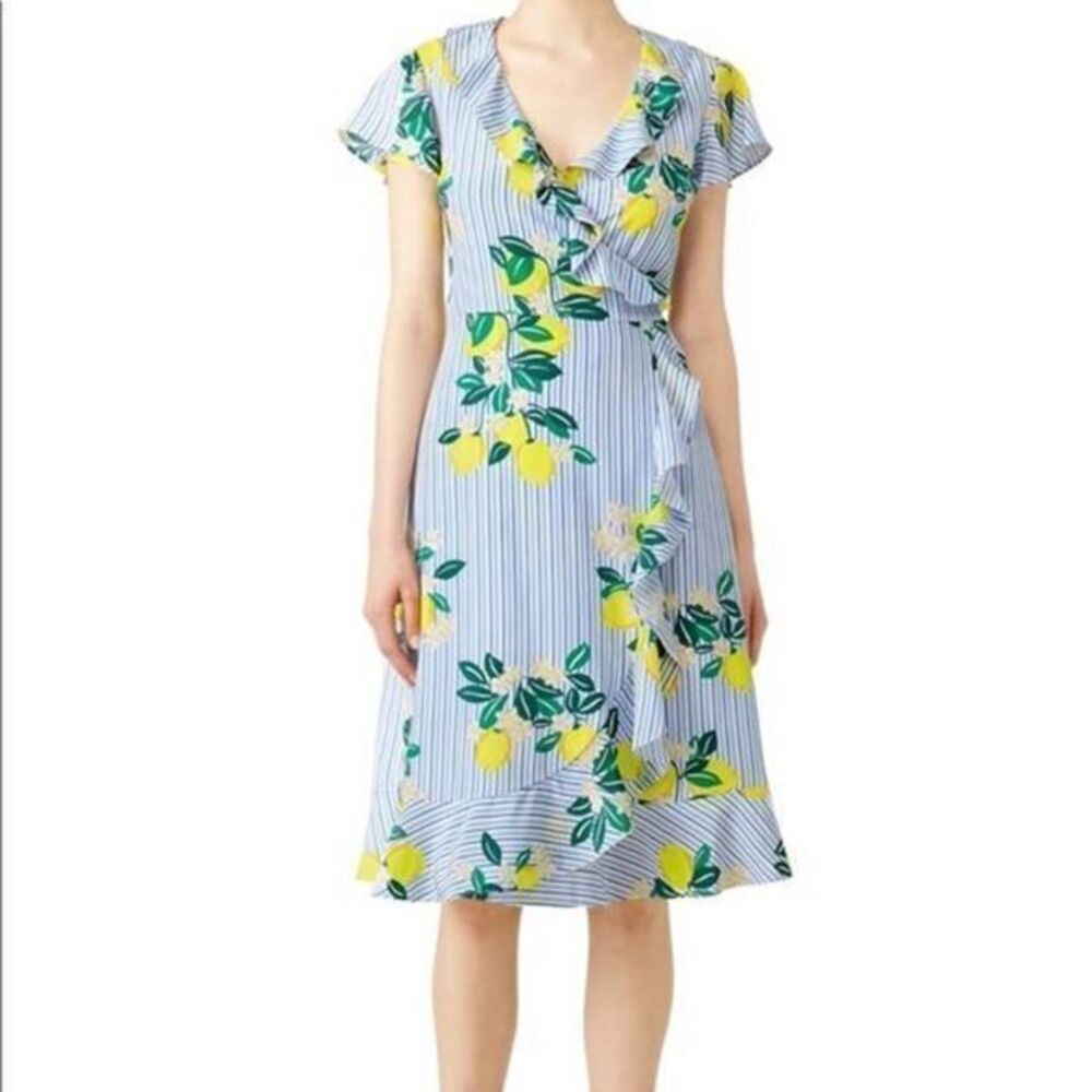 DRAPER JAMES Flutter Lemon Floral Blue Wrap Dress US 4